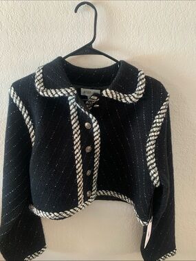 WhiteRoom + Cactus Cropped Black Knit Cardigan with Contrast  Braid Trim